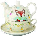 4 tlg.Dotty Deer and Funny Fox  Porzellan Tasse, Kanne, Untersetzer und Deckel Tee for One 