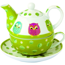 4 tlg. Eule Porzellan Tasse, Kanne, Untersetzer und Deckel Song Contest Tee for One 