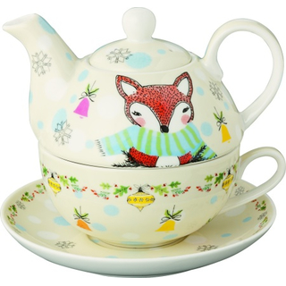 4 tlg.Dotty Deer and Funny Fox  Porzellan Tasse, Kanne, Untersetzer und Deckel Tee for One 